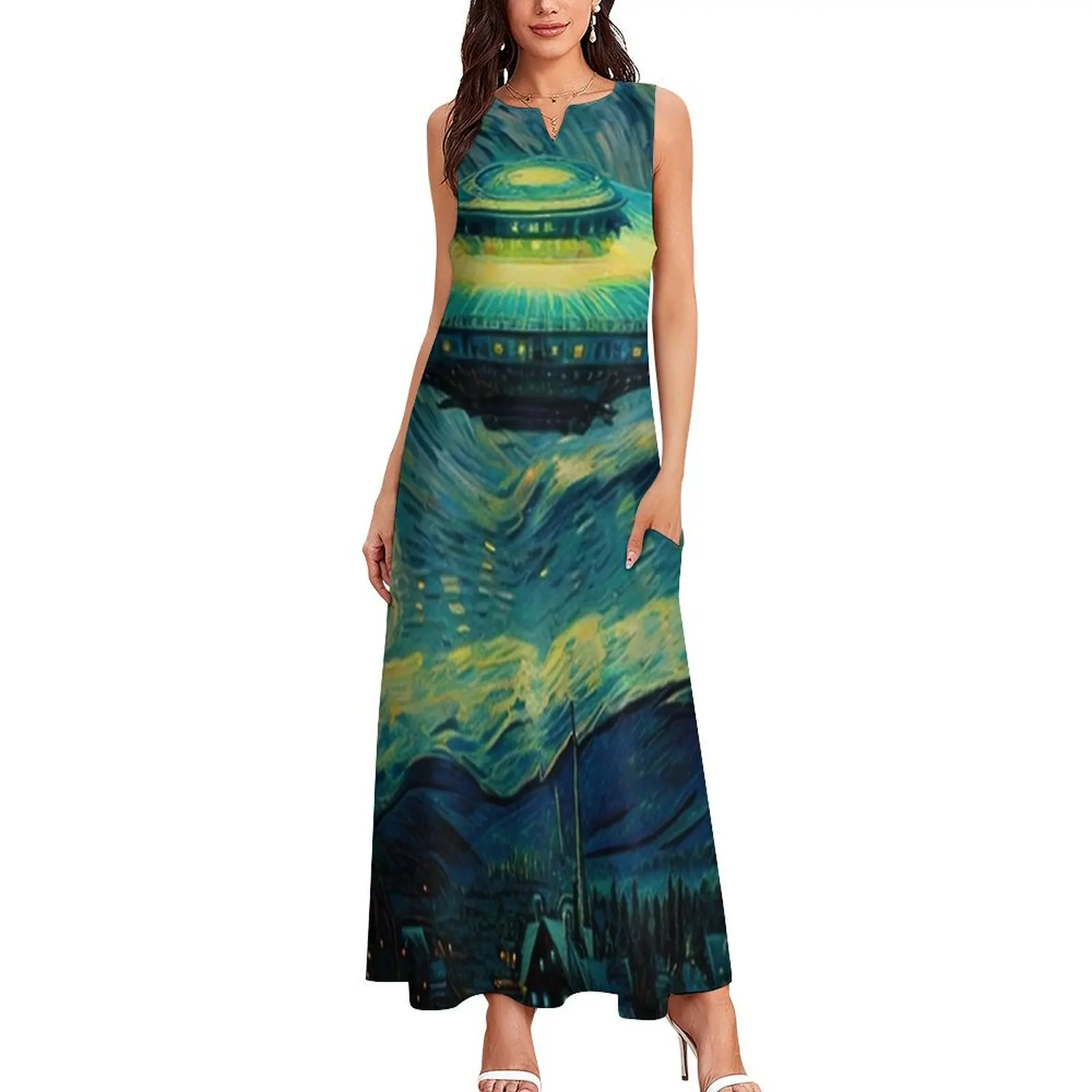 Sternennacht Print Kleid Sommer Vincent Van Gogh Street Fashion Böhmen Lange Kleider Weibliche Design Party Maxi Kleid Große Größe 5XL