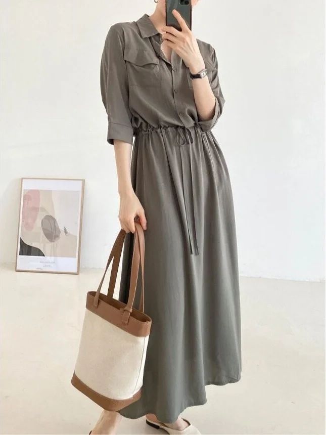 Casual Long Dress Drawstring Waist Pocket Skirt Korean Style Spring Autumn Winter Women's Fashion Streetwear Traveling Outing