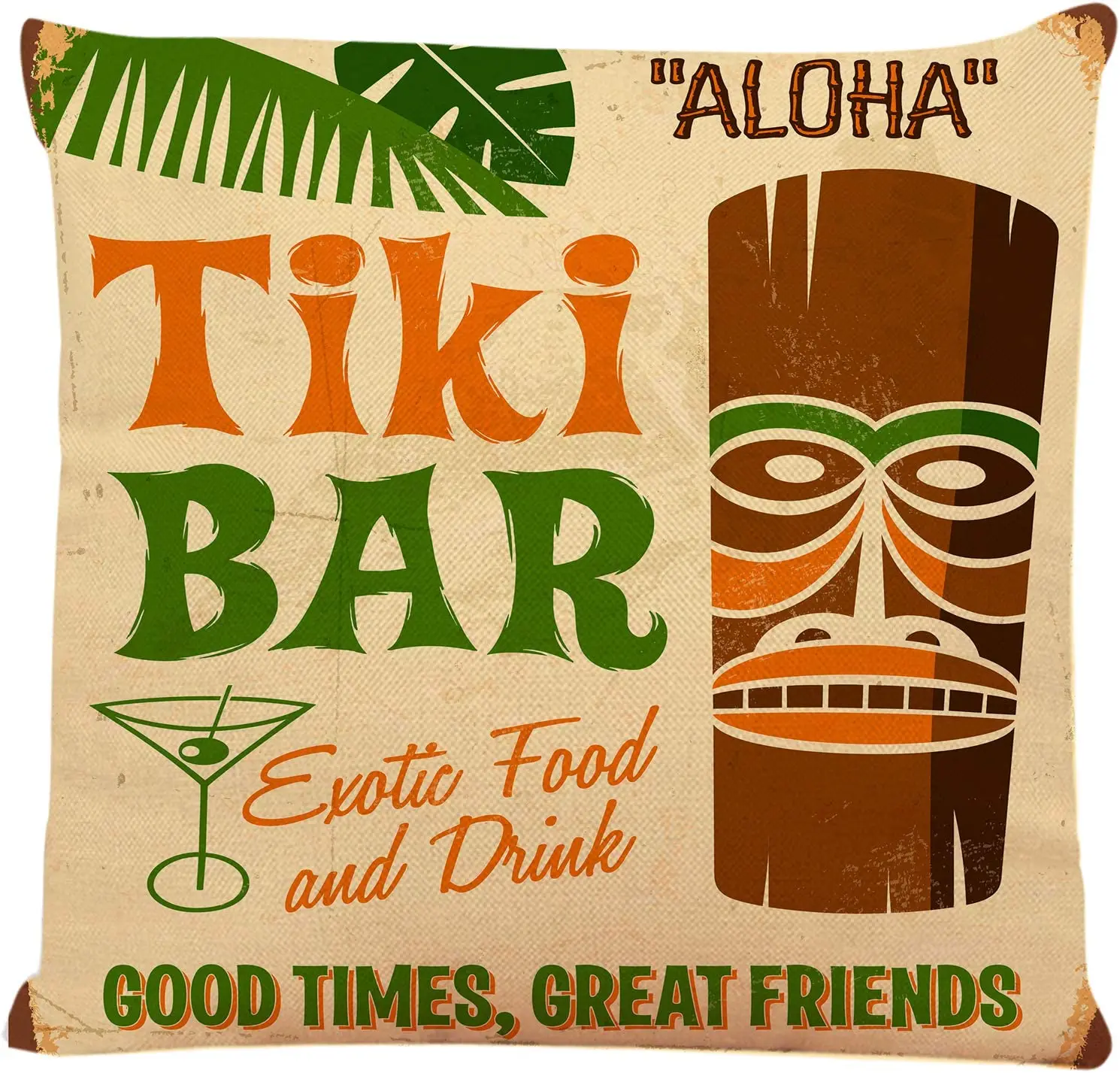 Tiki Bar Throw Pillow Cover Vintage Polynesian Statue Tropical Drink Square Decorative Throw Pillow Case 18x18 Inches Pillowcase