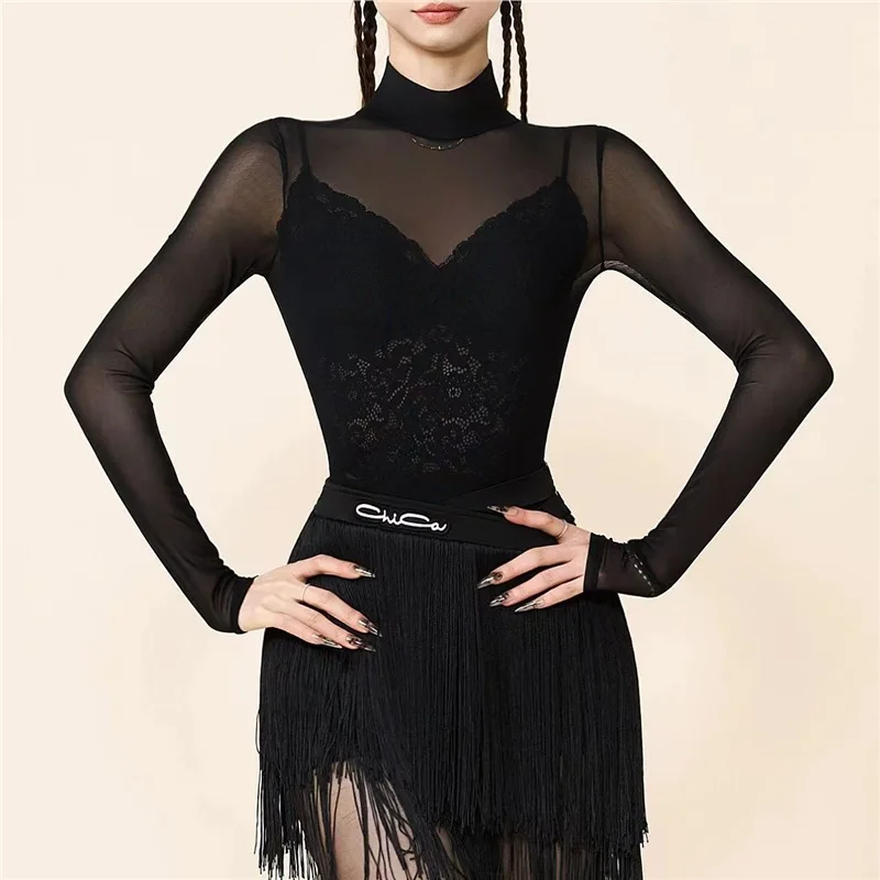 Dance Suit Summer Mesh Long Sleeve Lace Inner Latin Dance Suit Female Adult Practice Suit -