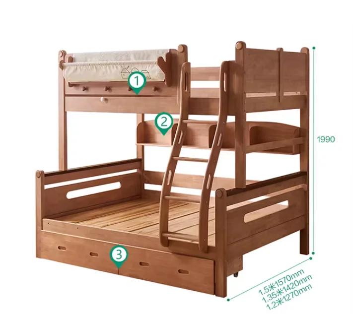 &* Solid Oak Wood Modern Children's Bunk Bed With Storage Double-Deck High Low Queen Bed For Siblings