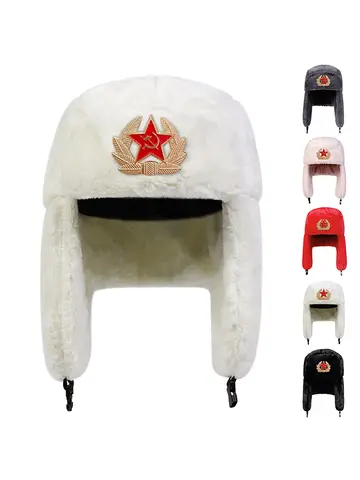 Unisex Five-pointed Star Label Lei Feng Hat Winter Earflap Hat Keep Warm Ski Hat Bomber Hat for Outdoor Riding Snow Activities