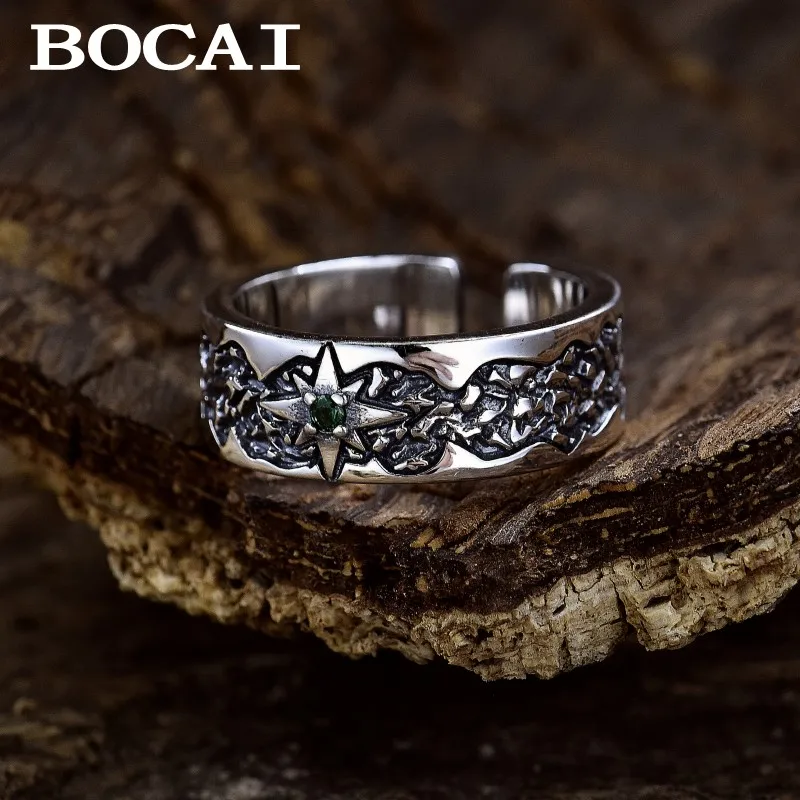 

BOCAI S925 Pure Silver Jewelry Hexagonal Star Ins Niche Design Retro Versatile Adjustable Ring Men's Trendy Personalized Gift