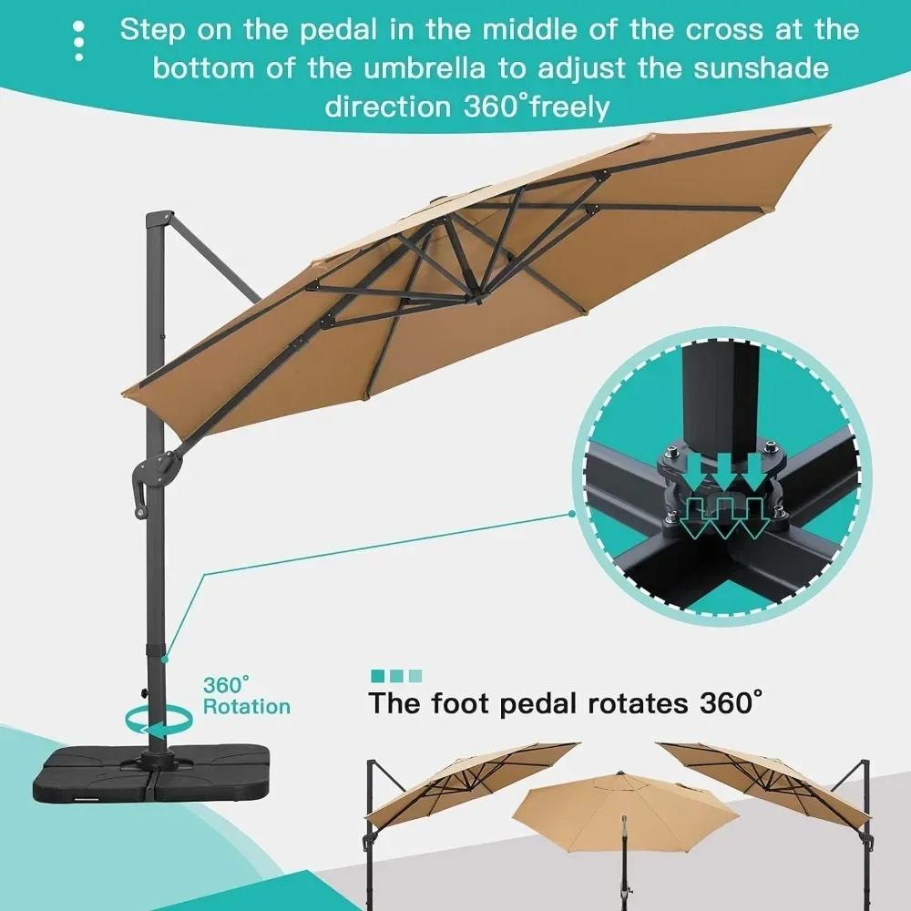 Sombrilla colgante de 11 pies para Patio, sistema de inclinación integrado, rotación de 360 °, resistente, para jardín, terraza, piscina, Patio trasero, bronceado