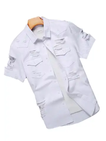 Men's white short - sleeved denim shirt with holes for summer. Suitable for daily casual wear, like going shopping.