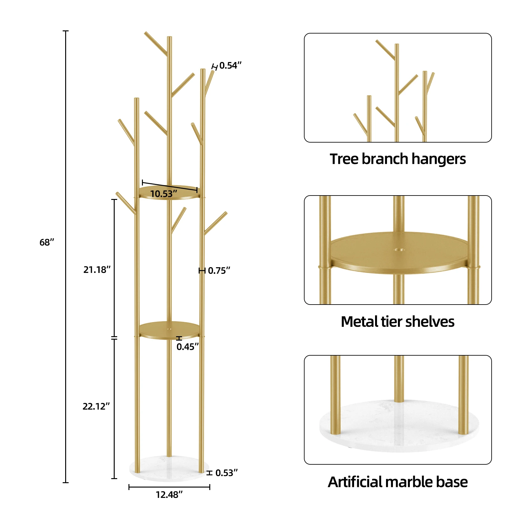 for Hanging Coats Jackets Hats Bag Marble Metal Coat Rack with 3 Storage Shelves and 9 Hooks Enterway Hall Tree