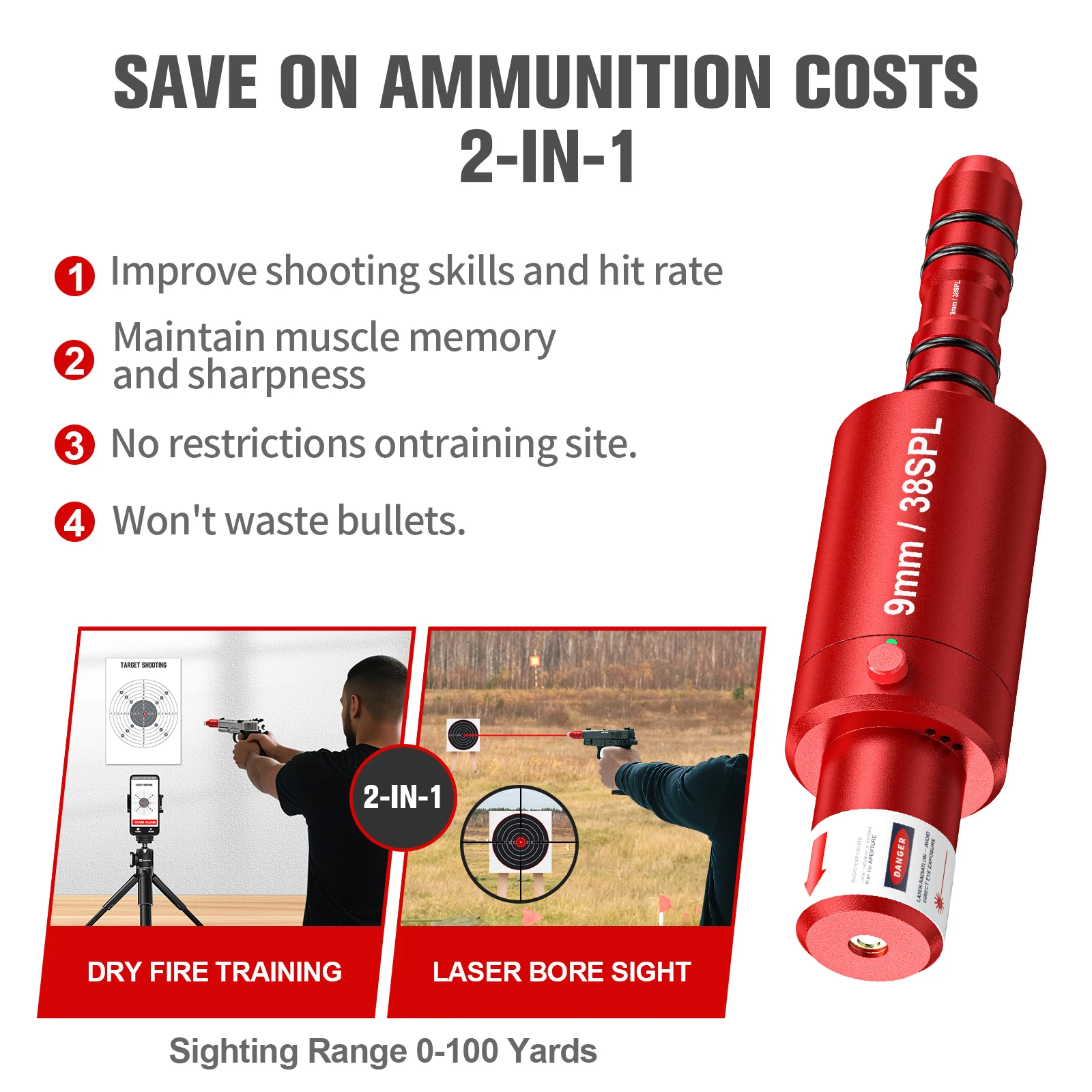 مدرب ليزر مغناطيسي ثنائي الغرض 9 مم/38SPL، نقطة حمراء، مدرب ليزر بنقطة خضراء، خرطوشة تدريب ليزر مسحوق جاف