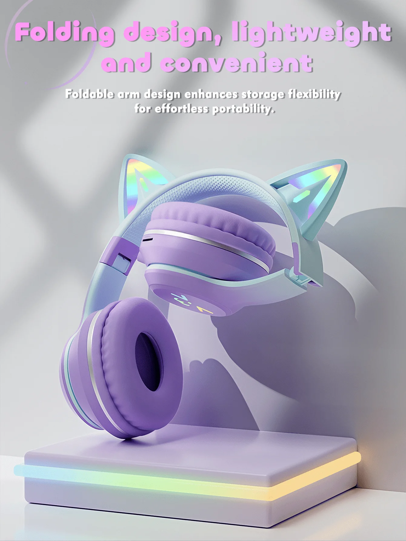 GENAI Wireless Headphones With LED Cat Ear Design, Cute Headset For Girls And Teenagers, Suitable For Music, Gaming, Video And Daily Use view 2