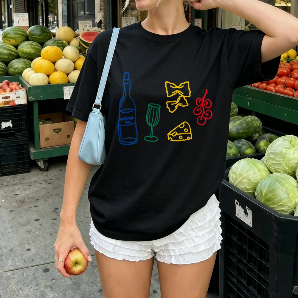 Minimalist Color Line Art Wine Bottle Goblet Bowtie Pasta Cheese Cherry Graphic Print Women Cotton Tee Italy Food Hand Drawn Tee