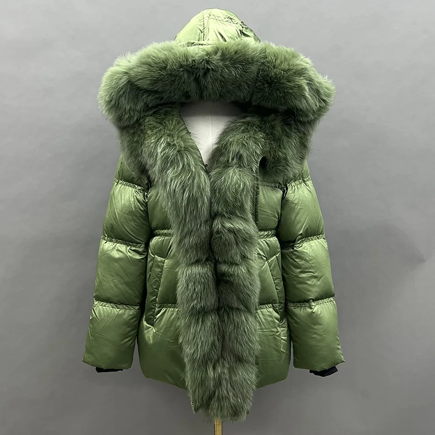 JANEFUR 2025 Winter White Goose Down Jacket Real Fur Hooded Puffer Jacket Women Thicken Warm Mid Long JFB8-25010