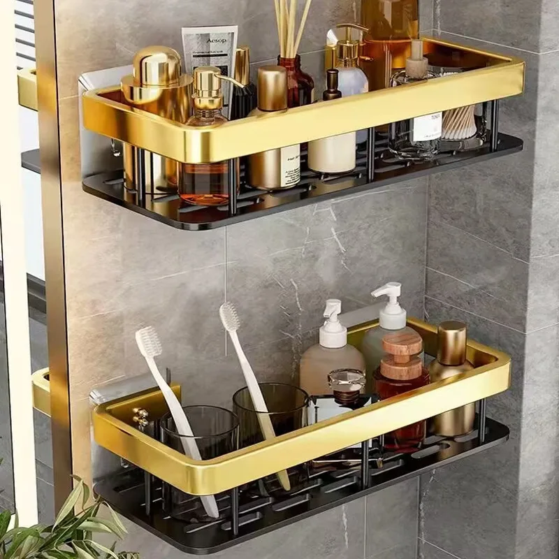 Bathroom Shelves Kitchen Bathroom Storage Shelves Black Gold Double Aluminum Shelves Bathroom Kitchen Hangers No Punch Holes