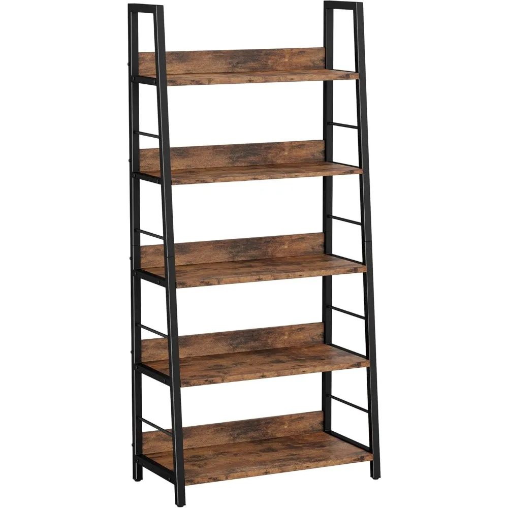 

Industrial Bookshelves and Bookcases, Ladder Shelf 5 Tiers with Metal Frame for Living Room, Home & Office Storage, Modern Farmh
