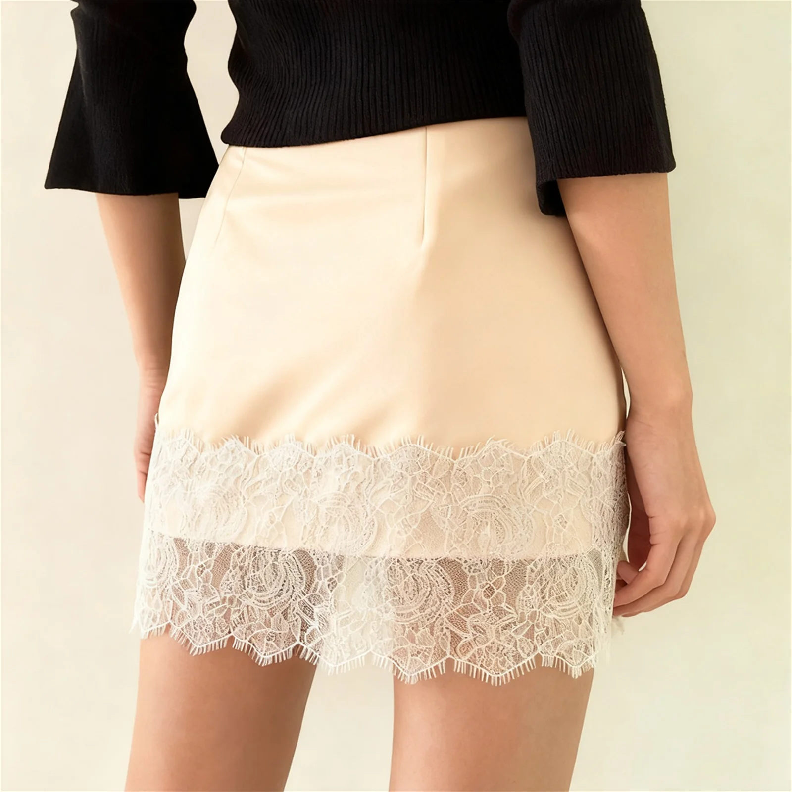 Women's Summer Mini Satin Skirts High Waist Lace Patchwork Hem Skirt for Daily, Travel, Parties