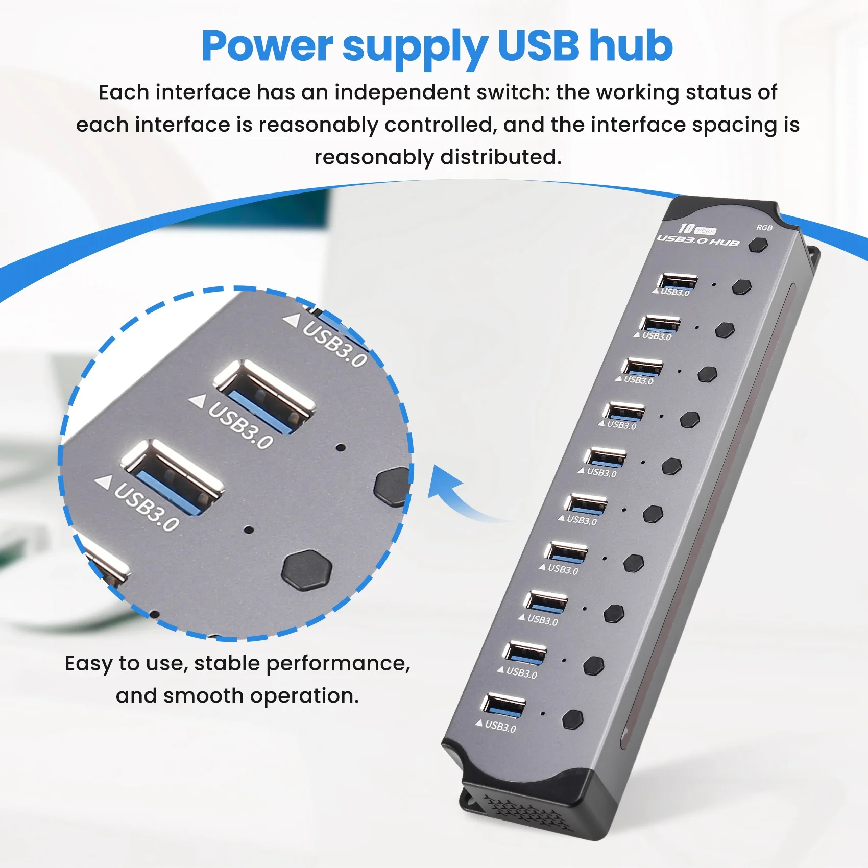 10 in 1 Powered USB HUB 10 Ports USB Adapter USB Splitter USB 3.0 Interface Individual Switch RGB E-Marker Heat Design