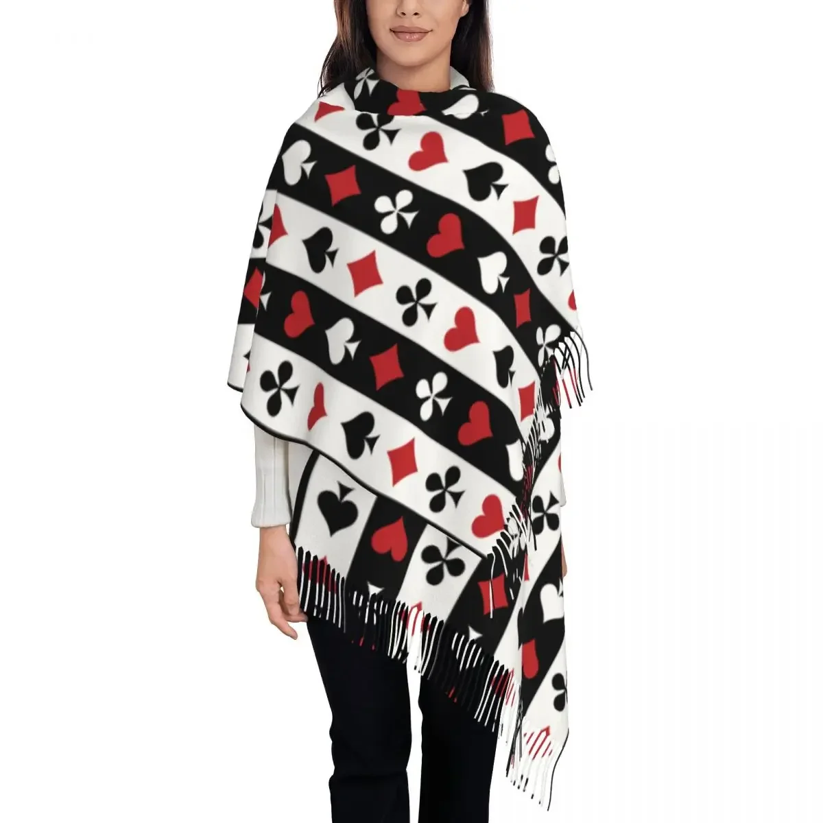 Poker Red Black Women's Pashmina Shawl Wraps Fringe Scarf Long Large 