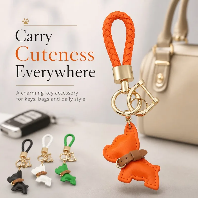 Cute Dog PU Leather Keychain with Braided Wrist Strap, Metal Clasp Key Ring Handbag Charm Car Key Accessory Gift for Women Men