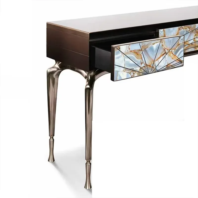 High-End Agate and Stainless Steel Entrance Table with Drawers Hotel Lobby Furniture for Home Living Room Villas Metal