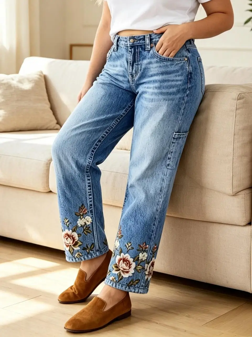 【HME】Jeans | Women Square Patch Pocket Wide Leg Denim Pants, High Waist Relaxed Fit Denim Jeans, Light Blue Gradient Wash, Horizontal Whiskering Detail, Draped Soft Fabric Casual Pants For Spring Summer Daily Outfits