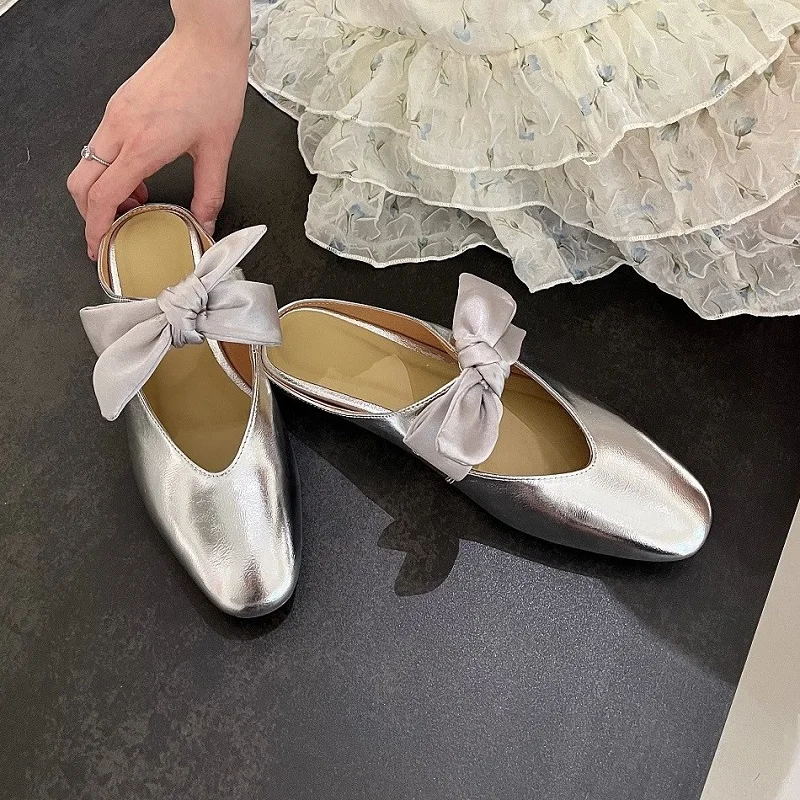 

Woman Silver Mules Butterflyknot Flats Spring Simple Shoes Basic Style Mules Girls Round Toe Mullers Bowtie Slippers