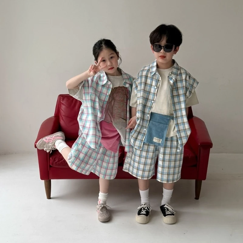 

Children's Set 2025 Summer Boys and Girls Korean Checkered Casual Short Sleeved Shorts Two Piece Set