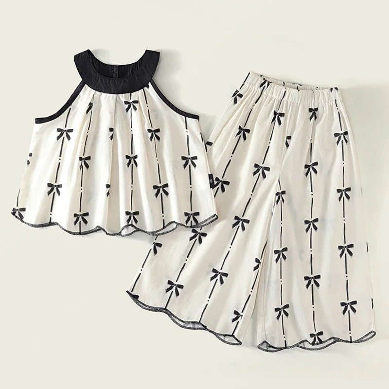 

2025 Summer Baby Girl Clothes Korean Fashion Bow Print Sleeveless Tops+Loose Pants Boutique Kids Clothing Children's Sets BC2290