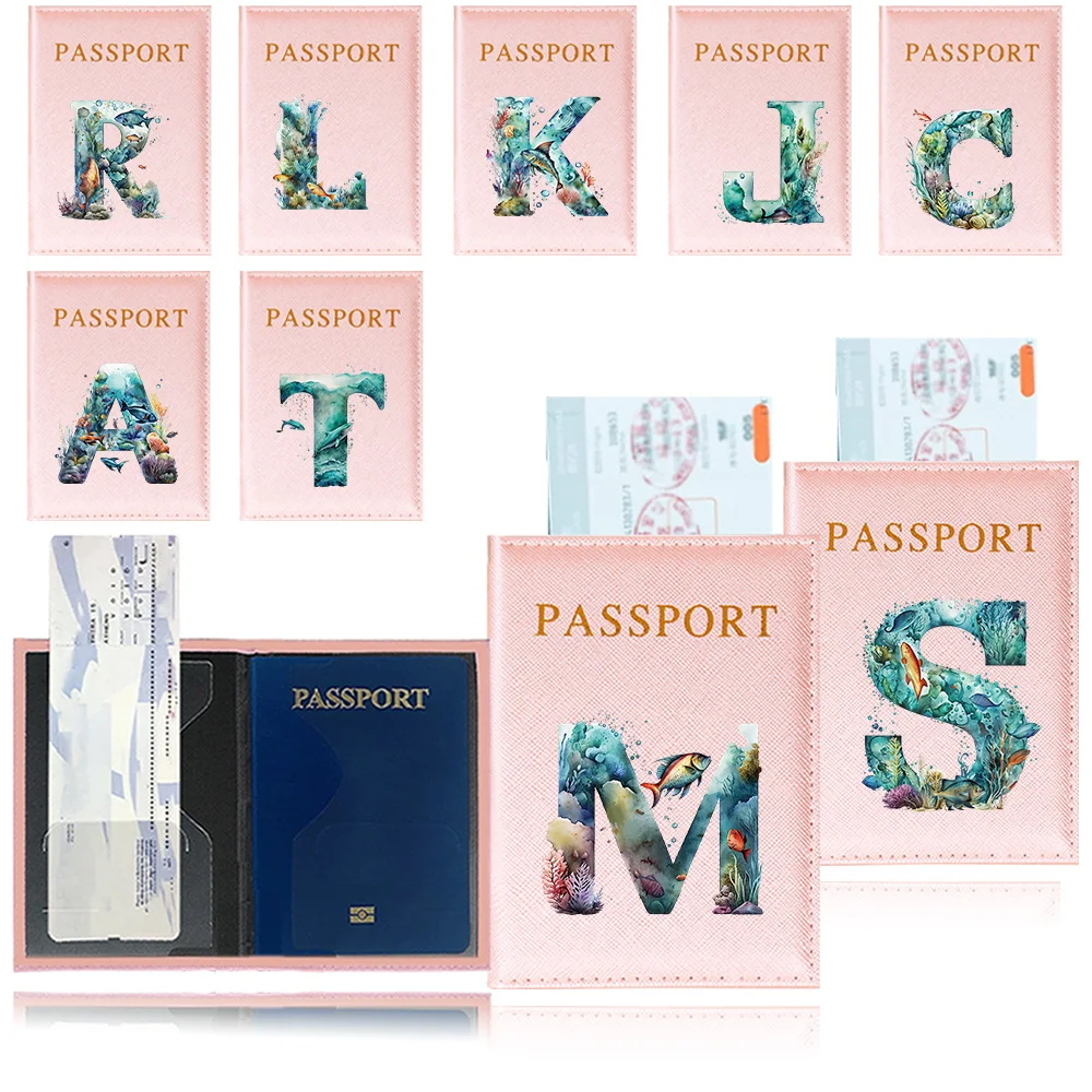 Women Men Business Passport Covers Holder Premium PU Leather Passport Pouch ID Bank Card Storage Case Fish Letter Printing