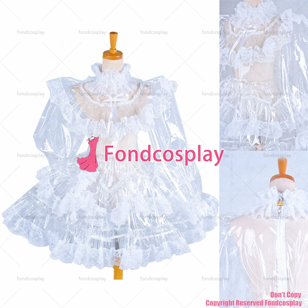 fondcosplay adult sexy cross dressing sissy maid short Clear PVC lockable dress TPU Uniform white lace CD/TV[G1572]