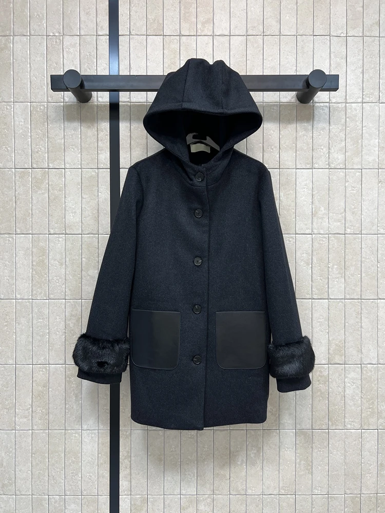 

SVORYXIU Autumn Winter New style Hooded cashmere Jacket coat Woman Fashion black Button design warm Jacket coat