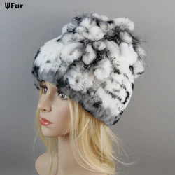 Russian Winter Female Real Genuine Rex Rabbit Fur Cap Knitted Real Rex Rabbit Fur Hat Women Real Rabbit Fox Fur Skullies Beanies
