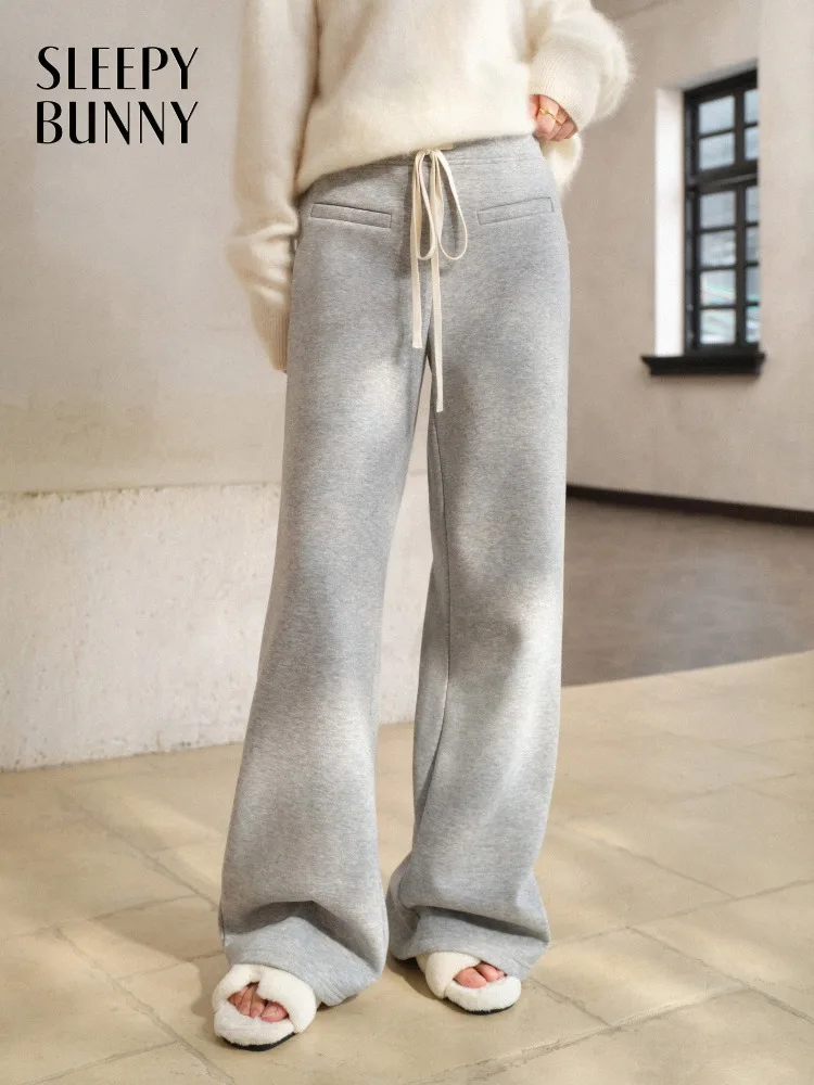 

High-Waist Wide-Leg Pants for Women Lady Winter Casual Trousers with Contrast Drawstring Loose Fit Warm Sweatpants Daily Outfit