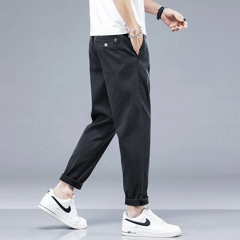 New Summer Soft Cosy Breathable Lyocell Fabric Casual Pants Men Thin Slim Elastic Waist Korea Jogger Work Wine Red Trousers Male