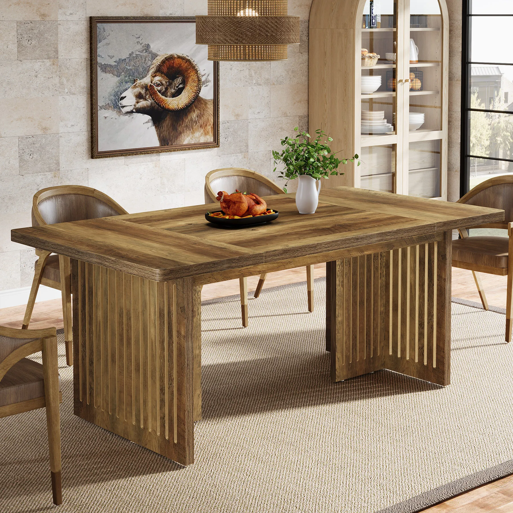 

lk-63" Wood Dining Table 4-6 People Large Rectangular Kitchen Table Sturdy Legs Modern Home & Hotel Use&