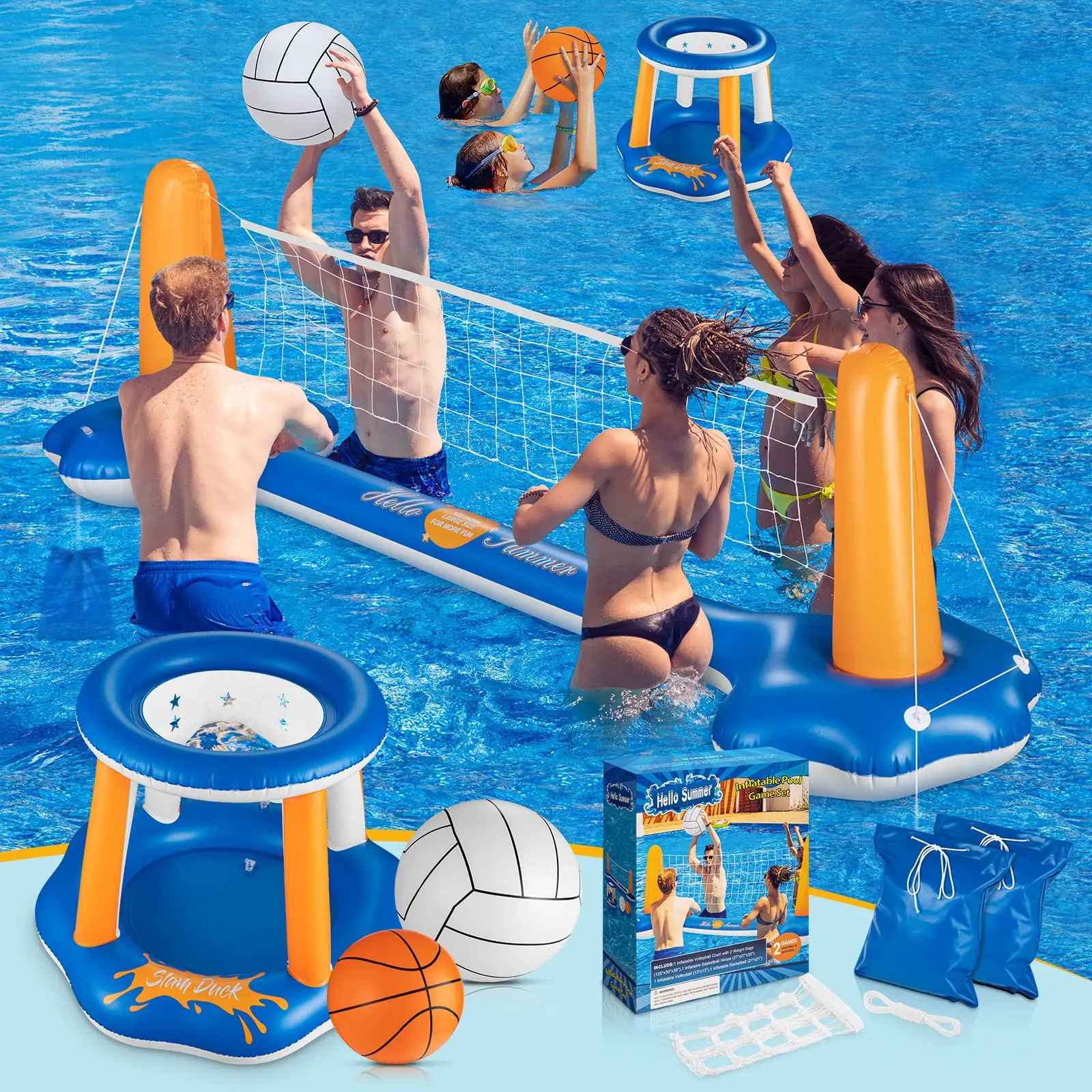 2026Water Volleyball Field Inflatable Water Sports Set Volleyball Net and Basketball Hoops Floating Pool Swimmingwoniu