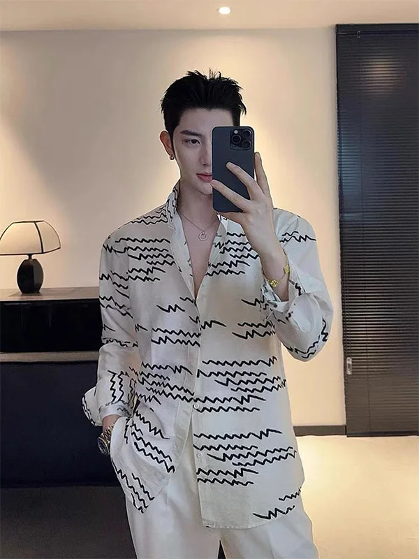 

Korean Sle Long Sve Men's irt Wavy Line Design Casual Summer Faionable Stand Collar Coat Regular Fit Youth Trend