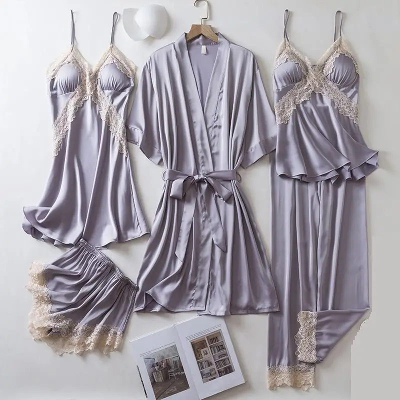 White Lace Sleepwear Women 5 Piece Set Spring Satin Bathrobe Nightgown Sleep Suit Homewear Kimono Pajamas Nightdress Loungewear