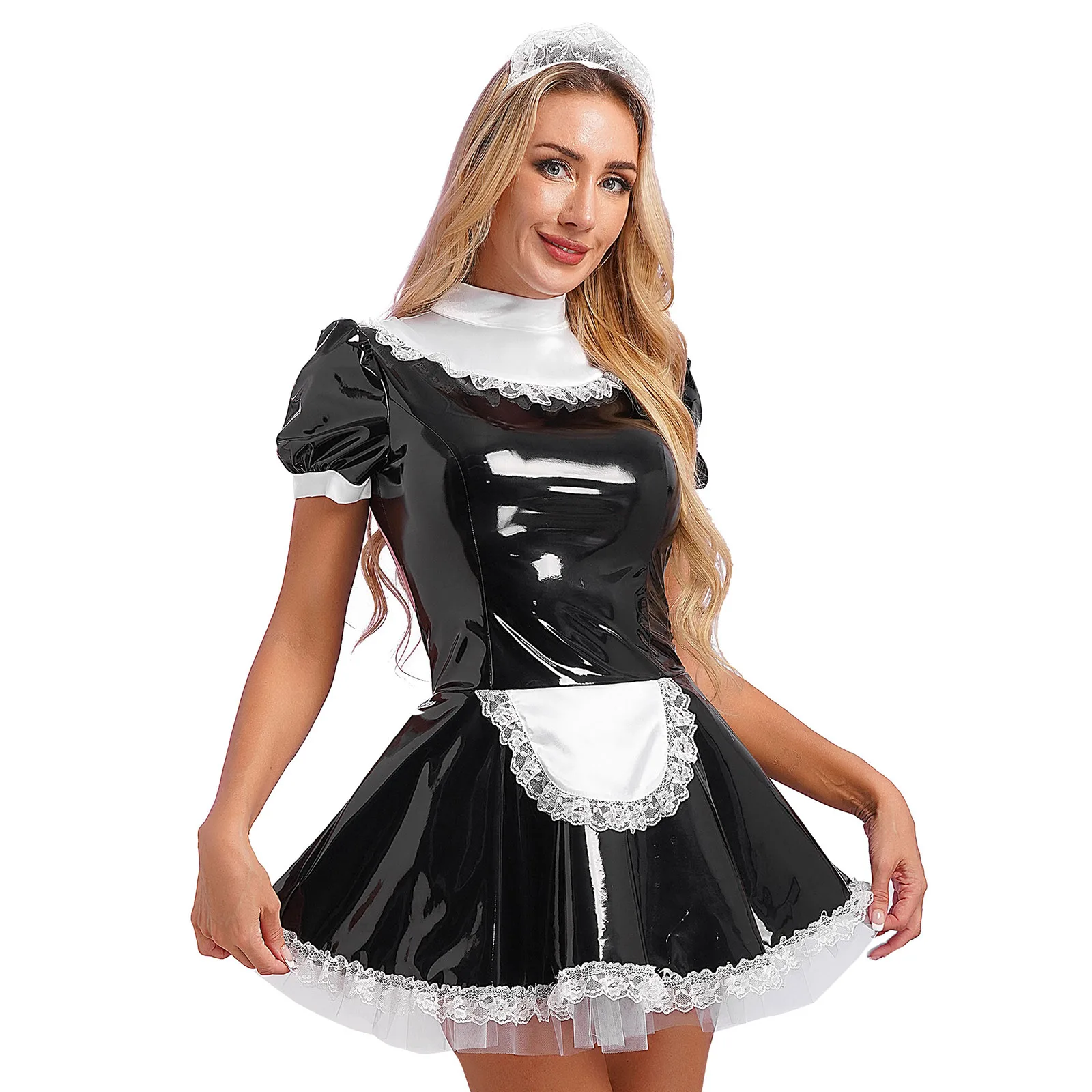 

Women Sexy Maid Cosplay Dress Glossy Patent Leather Ruffle Lace Trim Naughty Maid Uniform Puff Sleeve A-Line Dress Clubwear