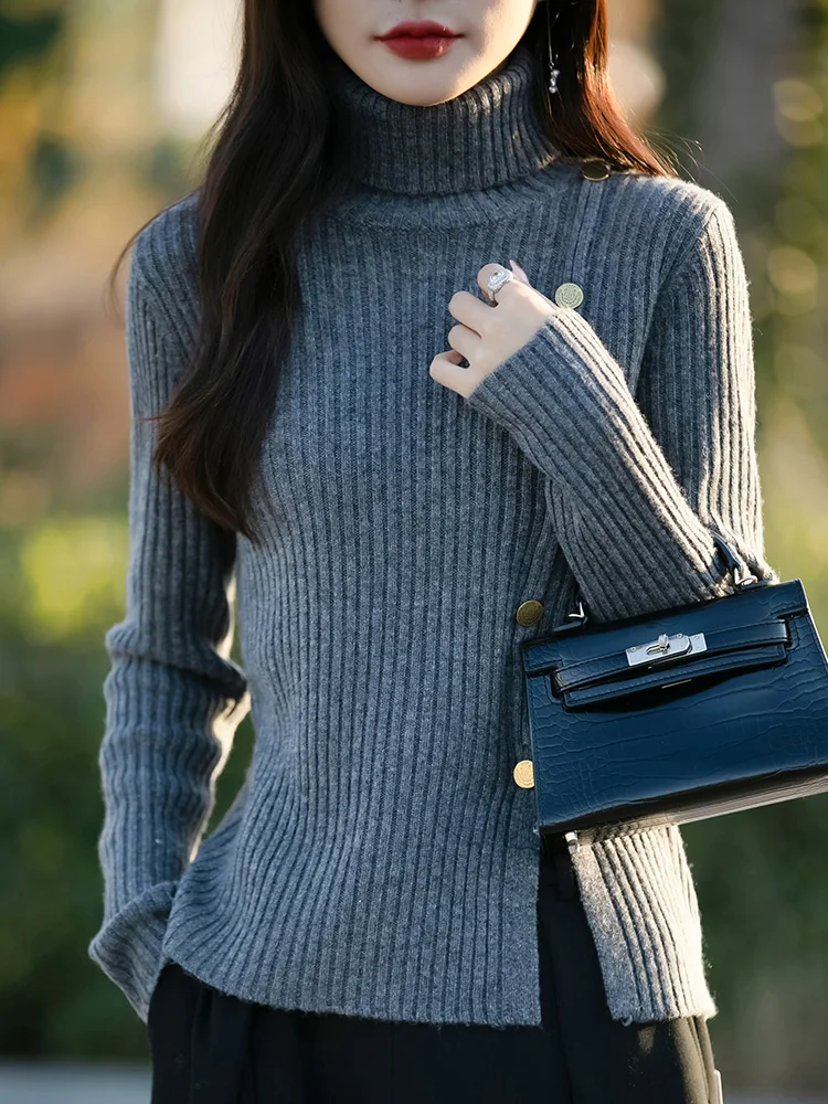 Unique Design Thiened High Collar Women's Knitted Sweater Slim Fit Side Slit Top Autumn Winter Staable Knit Base irt