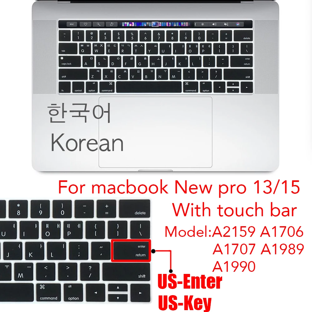 Korean US-Key US-Enter Keyboard Cover case Protector For Macbook Pro 13Air 11 12 15 touchbar A2159 A1466 A1932/A1990/A1398/A1708