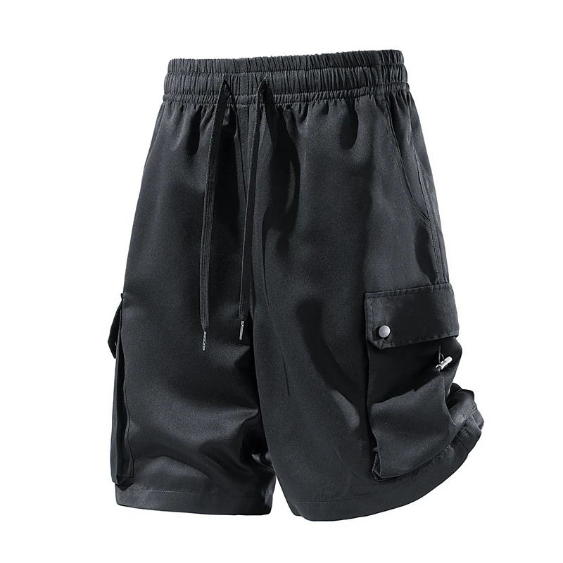 

Korean Fashion Men's Solid Color Cargo Shorts with Pockets Drawstring Waist Elastic Loose Fit Shorts Summer Lightweight Trousers