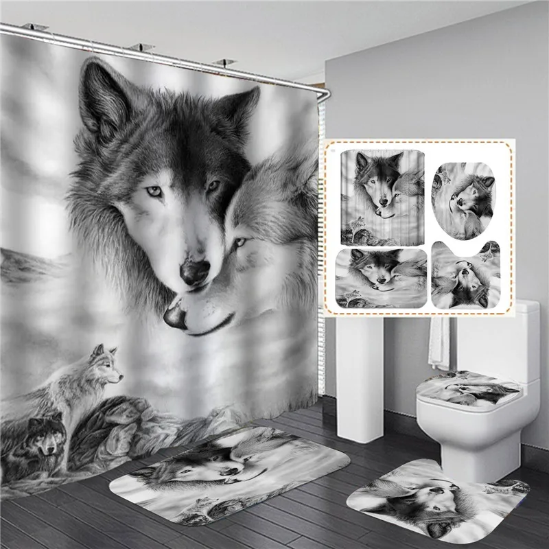 Animal Style Shower Curtain White Wolf Printed Waterproof Bathroom Decor Anti-Slip Toilet Cover Kitchen Rug Doormat Bath Kits