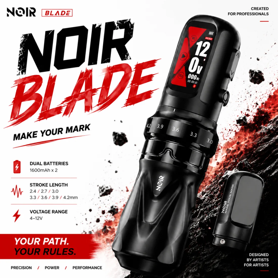 NOIR Blade Wireless Tattoo Pen Adjustable Stroke Dual Quick Swap 1600mAh Battery Two Working Modes Digital Display