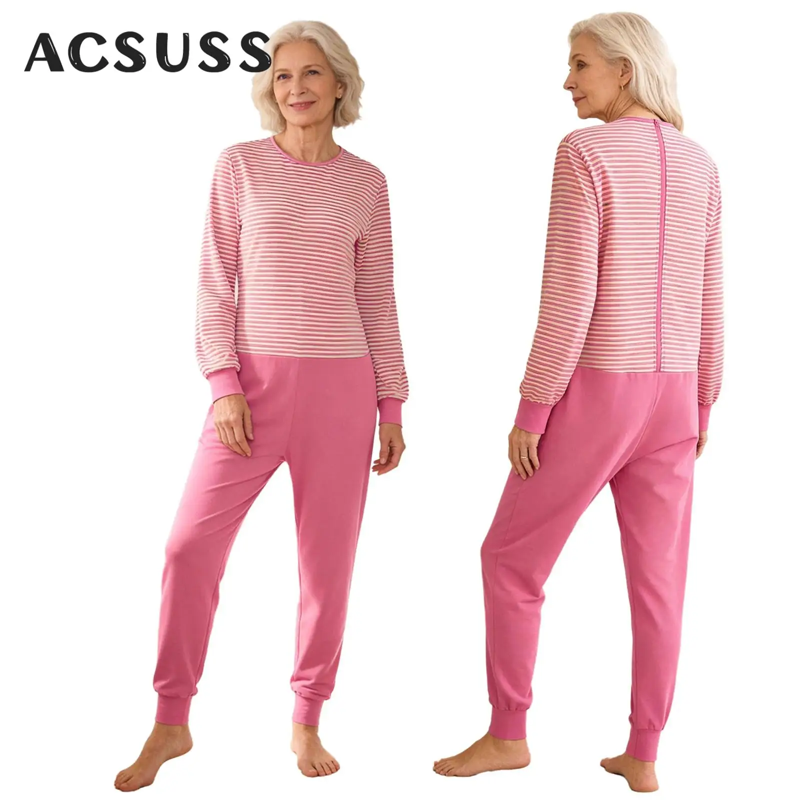 Women Elderly Alzheimer Nursing Jumpsuit Special Need Adaptive Clothing Long Sleeve Back Zipper Anti-strip Stripe Rompers Pajama