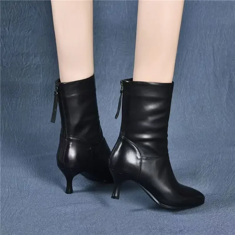 Large Size Warm High Heels Elegant Ladies Mid Calf Shoes Heeled Women\'s Half Boots Spring 2024 Waterproof New In Hot Gyaru Goth
