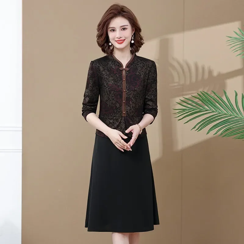 

Elegant Women's Cheongsam Dress Middle aged Mother patchwork Long sleeve Party Dress Autumn and winte