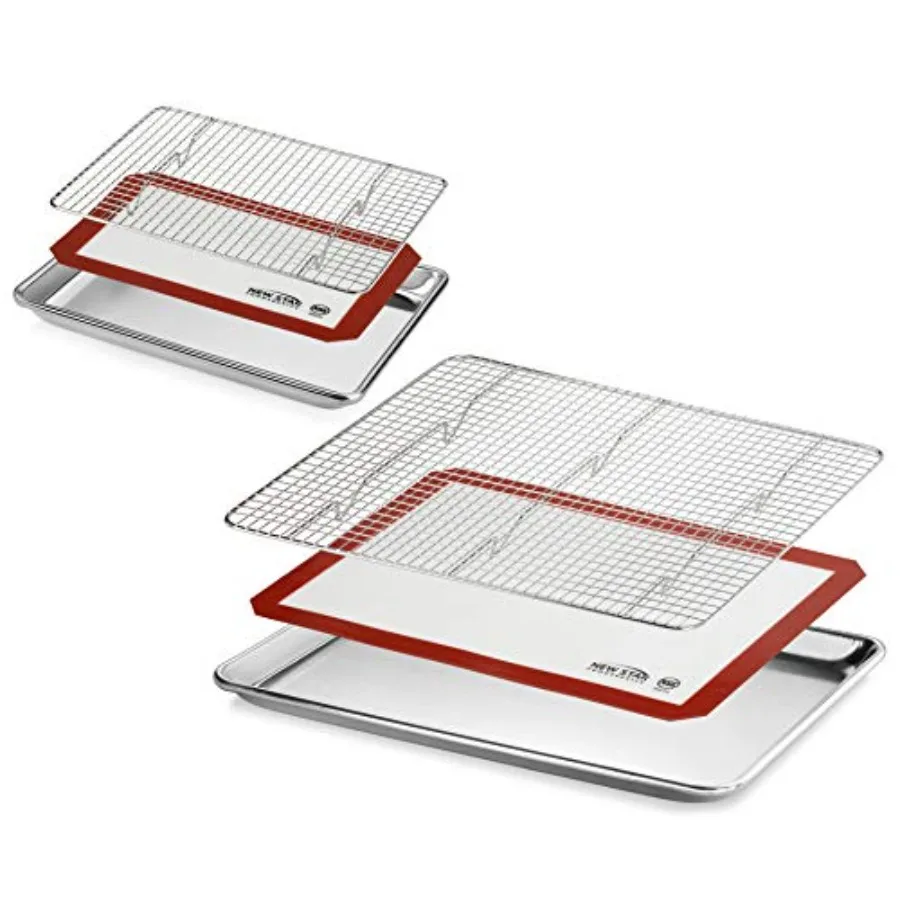 

Commercial-Grade Bun Pan/Baking Sheet, Baking Mat, Cooling Rack Combo for Bakery Use, Stainless Steel, Silver, Heavy-Duty Dishw
