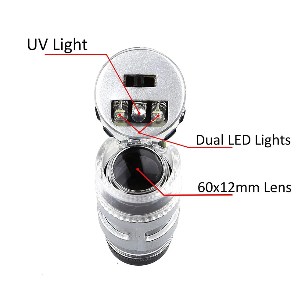 60X Mini Microscope Jeweler Loupe Lens Illuminated Magnifier Glass 3 LED With UV Light Lens Loupe