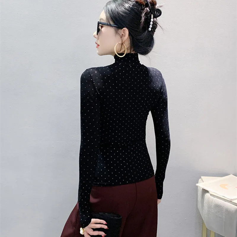 New 2025 Spring Women's Shiny Hot Diamonds T-Shirt Elegant Turtleneck Long Sleeved Mesh Tees Fashion Polka Dot Slim Tops Shirts