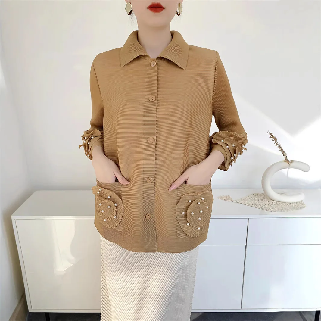 Miyake Pleated Top Women 2025 Solid Color Design Sense 3D Flower Order Bead Lapel Single-breasted Long-sleeved T-shirt for Women