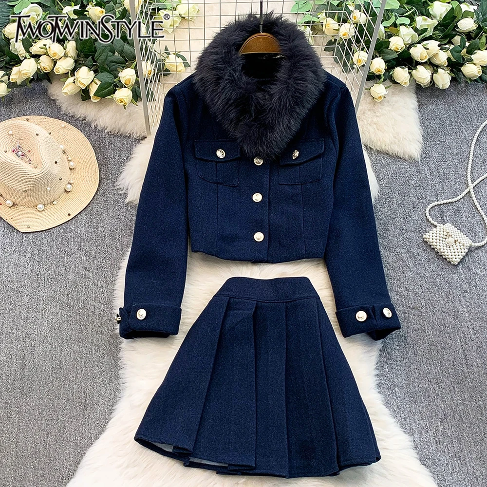 

TWOTWINSTYLE Preppy Style Solid Two Piece Sets For Women V Neck Long Sleeve Top High Waist Skirt Chic Set Female New KSE553144