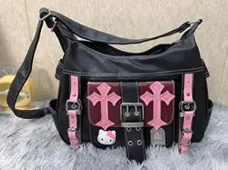 Sanrio Hello Kitty Gothic Punk Vintage Pink Cross Chains Crossbody Bags For Women Toys Hot Girl Handbag Y2k Trend Tote Bag Gift